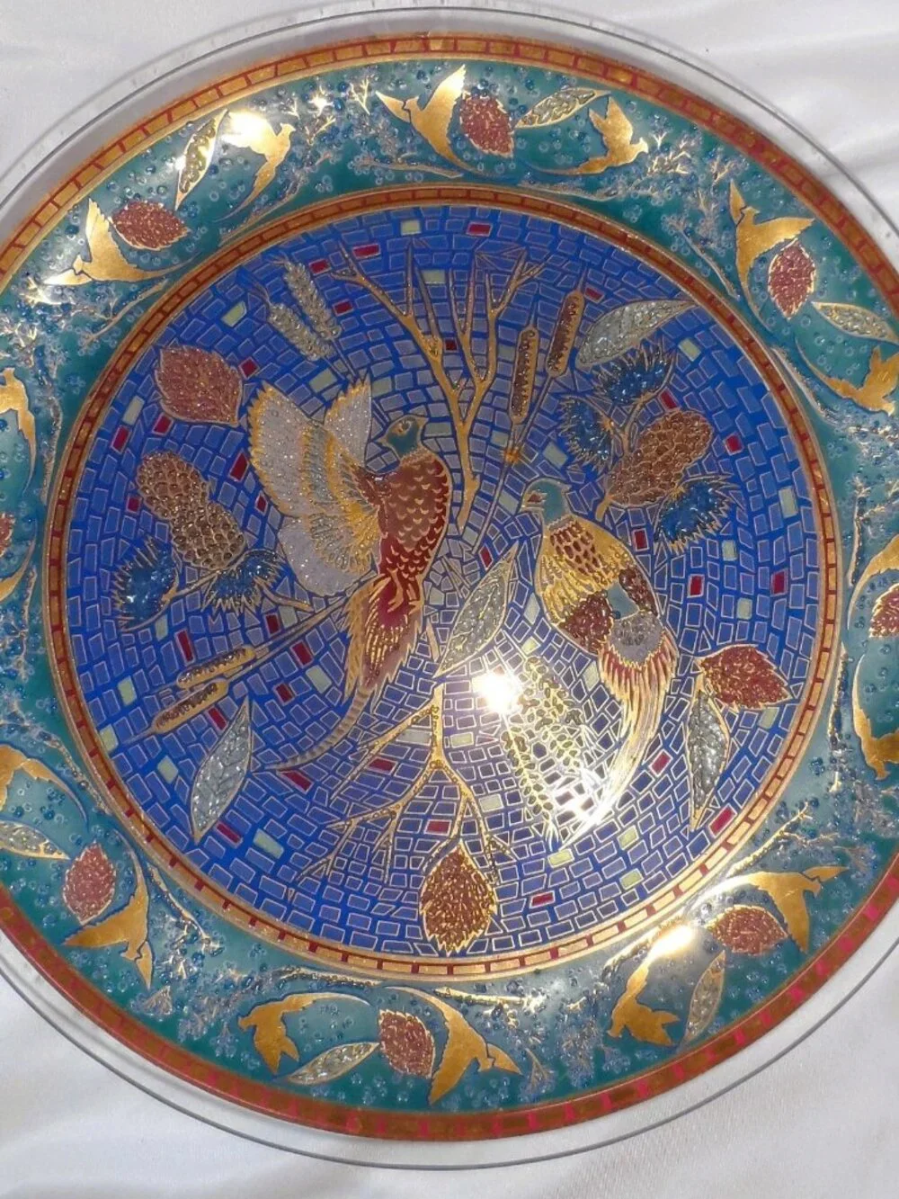 Mosaic Art Glass Plate Pheasants Catails- Blue Gold & Brown colors- Vintage